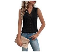 Vasreyy Tank top Damen kurz unterhemden Damen Damen Bluse bunt Einfarbig Spitze Patchwork Cutout Weste Tops Tank Top Sommer Casual Basic Ärmellos V-Ausschnitt Unterhemden Bluse schwarz (Schwarz, XL)