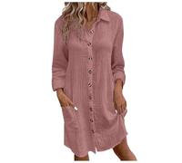 Vasreyy Trägerkleid Damen Sommer, Linen Dress Women Elegant Einfarbig Kurzarm/Langarm Kurz Blusenkleid Mit Taschen Und Knöpfen Freizeit Musselin Shirtkleid Hemdkleid Falten Strandkleid (Rosa,S)