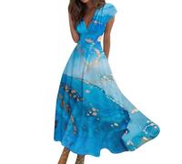 Vasreyy Trendyol Damen KleidMaxikleid Kleid Sommer Bunte Marmor Bedrucktes V-Ausschnitt Kurzarm Maxi Kleider Lila（XXL,Himmelblau