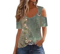 Vasreyy Tshirt Damen Große Größen Tunika Elegant Blumendruck V-Ausschnitt Schulterfrei Kurzarm Oberteile Sommer Lochstickerei Schultergurt Mit Schnalle(Armeegrün,XL)