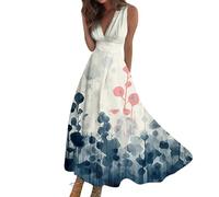 Vasreyy Wickelkleid DamenLeinen Kleider Sommer Leinenkleid Damen Blumen Muster Bedrucktes V-Ausschnitt Kurzarm Maxi Sommerkleider Lang Kleid Weiß Spitze（3XL,Dunkelblau