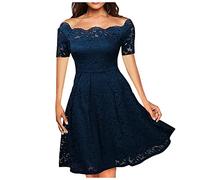 Vasreyy Winterkleid Damen Schwarzes Kleid A Linien Kleid Damen Sommer Spitze Kurzarm Hohe Taille Kleider Swing A-Linie Spitzenkleid Knielang Midikleid Abendkleid Ballkleid Samtkleid Winter