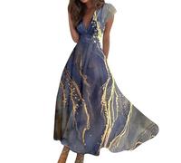 Vasreyy Zweiteiler Damen SommerDamenkleid Sommer Strand Kleid Bunte Marmor Bedrucktes V-Ausschnitt Kurzarm Maxi Kleider Maxikleid Langarm Sommerkleid（L,Navy