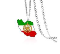 VASSAGO Iran Karten Halskette Edelstahl Löwe Und Sonne Persische Flagge Anhänger Halskette Iranisches Persisches Schmuckstück (Silber 1)