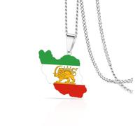 VASSAGO Iran Karten Halskette Edelstahl Löwe Und Sonne Persische Flagge Anhänger Halskette Iranisches Persisches Schmuckstück (Silber 2)