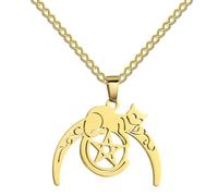 VASSAGO Katze auf Mond Pentagramm Anhänger Halskette Keltische Mondsichel Mondstern Pentagramm Magie Wicca Schmuck Hexerei Talisman für Männer Frauen (G)