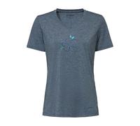 VAUDE Skomer Print T-Shirt III - Funktionsshirt Damen Kurzarm aus 80% recyceltem Polyester & 20% Lyocell, Sportshirt mit V-Ausschnitt, schnelltrocknend - Dark sea Uni, 46