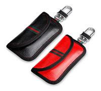 VAWcornic Keyless Go Schutz Autoschlüssel, Echtes Leder 2 Stück RFID Funkschlüssel Abschirmung Schlüsselmäppchen Faraday Leder Schlüsseletui Schlüsseltasche - Rot+Schwarz