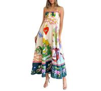 VCODWCSJO Sommer Neues Ärmelloses Kragenloses Bedrucktes Bedrucktes Großes Swing-Sling-Kleid für Damen - Beige-L