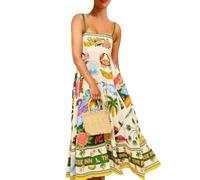 VCODWCSJO Sommer Neues ärmelloses kragenloses bedrucktes bemaltes Damen-Swing-Sling-Kleid - Weiß-M