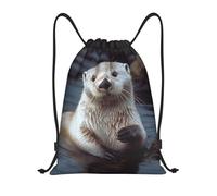 VducK Rucksack mit Kordelzug, weißer Otter-Druck, wasserdicht, Kordelbeutel, verstellbar, Sportbeutel, Schwarz , M