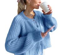 VDWIP Damen-Strickjacke, Pullover, Knopfleiste, vorne offen, grobe Strickjacke, langärmelig, bauchfrei, Y2K-Strick, Oberbekleidung, Blau, Klein