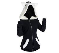 Vectry Damen Kapuzenpulli Nette Katzenohr Kapuzenpullis Langarm Kunstpelzeinsatz mit Reißverschluss Leichte Jacke(A-Schwarz,XXL)