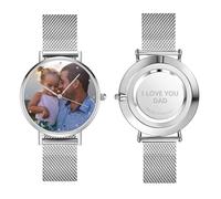 VEELU Personalisierte Foto Armbanduhr für Damen mit Gravur Text Uhr Metallarmband in Silber/Rosegold Geburtstagsgeschenk für Mutter Freundin Familie