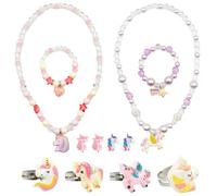 VEGCOO Kinderschmuck Set, 2 Stück Kinderkette 2 Stück Armband 4 Stück Ringe 2 Paar Ohrringe für Mädchen, Bunt und Niedlich, Ohrclips ohne Ohrlöcher, Lila