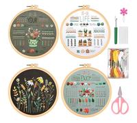Vegena Stickset Embroidery Kit 4 Stück, Stickerei Set Anfänger, Sticken Set Erwachsene, Stick Sets zum Sticken Anfänger Stickbilder Vorgedruckt Kreuzstich mit Blumenmuster für DIY Kunst, Handwerk