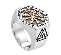 Vegvisir Ring - Nordic Viking Runes Piraten Compass Ring - Herren Damen Edelstahl vergoldet Hexagonal Vintage Baum des Lebens Walknoten Symbol Ring Schmuck, Metall, Achat