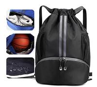 Veki Sport Rucksack mit Kordelzug, Turnbeutel Wasserdicht für Damen und Herren, Sportbeutel mit Bodenfach für Basketball, Fußball, Volleyball, Gymsack für Reisen, Fitnessstudio, Schwimmen (Schwarz)