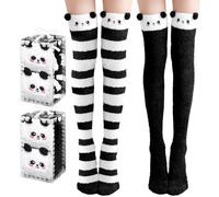 VELCUMA Kuschelige Overknee Socken Damen - Flauschige Kniestrümpfe, 3D-Ohren, Warme Plüsch Haus-Socken, Einheitsgröße für Mädchen & Frauen, Geschenkverpackung 2 Paar (Schwarz+SchwarzWeißStreifen)