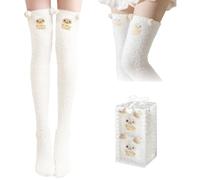 VELCUMA Kuschelige Overknee Socken Damen - Flauschige Kniestrümpfe, 3D-Ohren, Warme Plüsch Haus-Socken, Panda-Stil, Einheitsgröße für Mädchen & Frauen, Geschenkverpackung 1 Paar (Weiß)