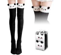 VELCUMA Kuschelige Overknee Socken Damen - Flauschige Kniestrümpfe, 3D-Ohren, Warme Plüsch Haus-Socken, Panda-Stil, Einheitsgröße für Mädchen & Frauen, Geschenkverpackung 1 Paar (Schwarz)