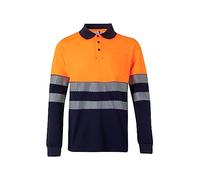 VELILLA Poloshirt mit hoher Sichtbarkeit aus Baumwolle, zweifarbig, langärmelig, mit Segmentiert, Unisex, für Erwachsene, Marineblau und Neonorange, XL