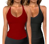 VELISDE Damen-Tank-Top, V-Ausschnitt, Racerback, gerippt, schmale Passform, Yoga, Fitnessstudio, 2025, Sommer-Camisole, schwarz/rot, Groß