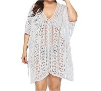 Vemesala Strandkleid Damen Große Größen, Sexy Häkelkleid Bikini Cover Up mit V-Ausschnitt, Durchsichtig Strandponcho Sommer Kurz, Boho Gehäkeltes Strandoutfit für Urlaub & Pool(Weiß,Einheitsgröße)