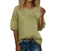 VEMOW Boho Baumwoll Bluse mit floraler Stickerei, Rundhals & 3/4-Ärmeln, Elegantes lockeres Oberteil mit Spitzenrand, atmungsaktiv für Sommer, Freizeit & Alltag Everyday Outfits(Light Green, XL)