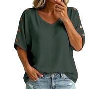 VEMOW Damen Baumwoll Bluse mit V-Ausschnitt, kurzen Ärmeln & Knopfdetail, lässig Elegantes einfarbiges Oberteil, lockere Passform für Alltag, Freizeit & Wochenende Everyday Look(Blackish Green, XL)