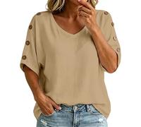 VEMOW Damen Baumwoll Bluse mit V-Ausschnitt, kurzen Ärmeln & Knopfdetail, lässig Elegantes einfarbiges Oberteil, lockere Passform für Alltag, Freizeit & Wochenende Everyday Look(Khaki, XL)