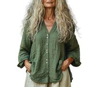 VEMOW Damen Baumwollbluse, einfarbig, V-Ausschnitt, Knopfleiste, lockere Passform mit Taschen, langärmelig, lässiger Ethno-Stil, Retro-Oberteil für Sommer & Freizeit, leicht & weich(Green, M)