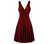 VEMOW Damen Criss Cross V-Ausschnitt Vintage Plissierter Einfarbiger Ärmelloser Retro Kleid Flare Kleid Für Sommer Cocktail Party(Red, XXXL)