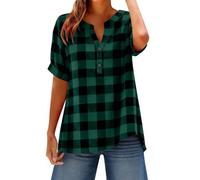 VEMOW Damen Freizeit-Tunika Kurzarm, Karierte Baumwoll-Bluse mit V-Ausschnitt & Knopfleiste, locker geschnittenes Sommerhemd für Alltag, Urlaub, Freizeit & Reisen, lässig & vielseitig(Green, M)