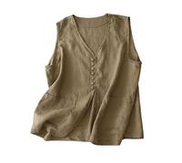 VEMOW Damen Leinen-Weste mit V-Ausschnitt, ärmellos und leicht, vielseitige Baumwoll-Blazer-Weste für Arbeit, Geschäft und den Freizeitbereich im Sommer(Khaki, L)