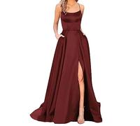 VEMOW Damen Rückenfreies Trägertop Satin Abiballkleid Lang Ballkleid Mit Schlitz Elegantes Festliches Abendkleid Für Gala(1C-Wine, XXXL)