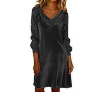 VEMOW Damen Samtkleid Langarm Paillettenkragen Patchwork V-Ausschnitt Abendkleid Für Hochzeitsgäste Cocktail Party Midi Kleid(Black, L)