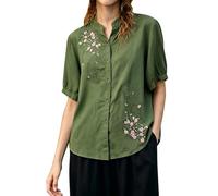 VEMOW Stilvolle Damenbluse mit floraler Stickerei, Stehkragen und kurzen Ärmeln, hautfreundliche Baumwolle, Knopfleiste, lässiges Oberteil für Alltag, Büro und angenehme Sommertage(Green, XXXXXXL)