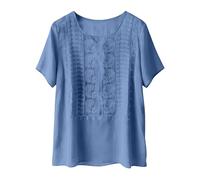 VEMOW Weibliche bestickte Leinen Bluse mit Rundhalsausschnitt & Kurzarm - edle Boho Tunika mit feiner Stickerei, luftiges Sommer Oberteil für Alltag Freizeit und ruhige entspannte Tage(Blue, XL)