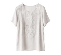 VEMOW Weibliche bestickte Leinen Bluse mit Rundhalsausschnitt & Kurzarm - edle Boho Tunika mit feiner Stickerei, luftiges Sommer Oberteil für Alltag Freizeit und ruhige entspannte Tage(White, S)