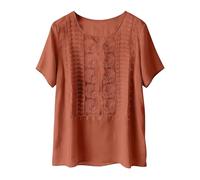 VEMOW Weibliche bestickte Leinen Bluse mit Rundhalsausschnitt & Kurzarm - edle Boho Tunika mit feiner Stickerei, luftiges Sommer Oberteil für Alltag Freizeit und ruhige entspannte Tage(Orange, XL)