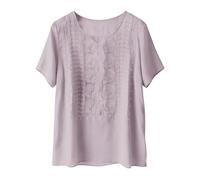 VEMOW Weibliche bestickte Leinen Bluse mit Rundhalsausschnitt & Kurzarm - edle Boho Tunika mit feiner Stickerei, luftiges Sommer Oberteil für Alltag Freizeit und ruhige entspannte Tage(Pink, XL)