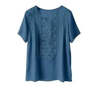 VEMOW Weibliche bestickte Leinen Bluse mit Rundhalsausschnitt & Kurzarm - edle Boho Tunika mit feiner Stickerei, luftiges Sommer Oberteil für Alltag Freizeit und ruhige entspannte Tage(Navy, XL)