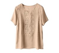 VEMOW Weibliche bestickte Leinen Bluse mit Rundhalsausschnitt & Kurzarm - edle Boho Tunika mit feiner Stickerei, luftiges Sommer Oberteil für Alltag Freizeit und ruhige entspannte Tage(Khaki, XL)