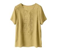 VEMOW Weibliche bestickte Leinen Bluse mit Rundhalsausschnitt & Kurzarm - edle Boho Tunika mit feiner Stickerei, luftiges Sommer Oberteil für Alltag Freizeit und ruhige entspannte Tage(Yellow, XL)