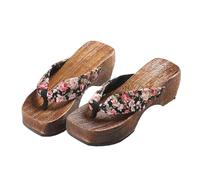 VENYAA Flip-Flops Damen-Holzclogs, Hausschuhe, traditionelle japanische Sandalen, Geta-Holz-Kimono-Schuhe, Clogs, Flip-Flops, dicke Sohle, Schärpe, Hausschuhe (Größe: 40, Farbe: Schwarz)