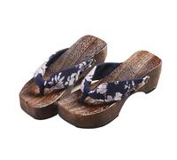 VENYAA Flip-Flops Damen-Holzclogs, Hausschuhe, traditionelle japanische Sandalen, Geta, Kimono-Schuhe, Clogs, Flip-Flops, dicke Sohle, Schärpe, Hausschuhe (Größe: 39, Farbe: Blau)