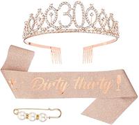 Veraing "Dirty Thirty " 30. Geburtstags-Krone Schärpe Set, Roségold Geburtstags Tiara für Frauen Birthday Crown Prinzessin Haar-Zusätze für Frauen Party Accessoires