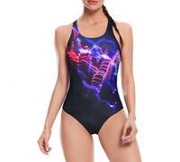 Veranobreeze Frauen Athletic Print One Piece Badeanzüge Training Bademode Racerback Wettkampf Badeanzug für Frauen (Dynamisches Neon, EU38)