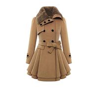 Verdickter Tweedmantel, Damen, Trenchcoat, zweireihig, Revers, Wollmantel, mittellang, große Größe, Slim mit Schleife, Gürtel, eleganter und schicker Mantel, coffee, 54